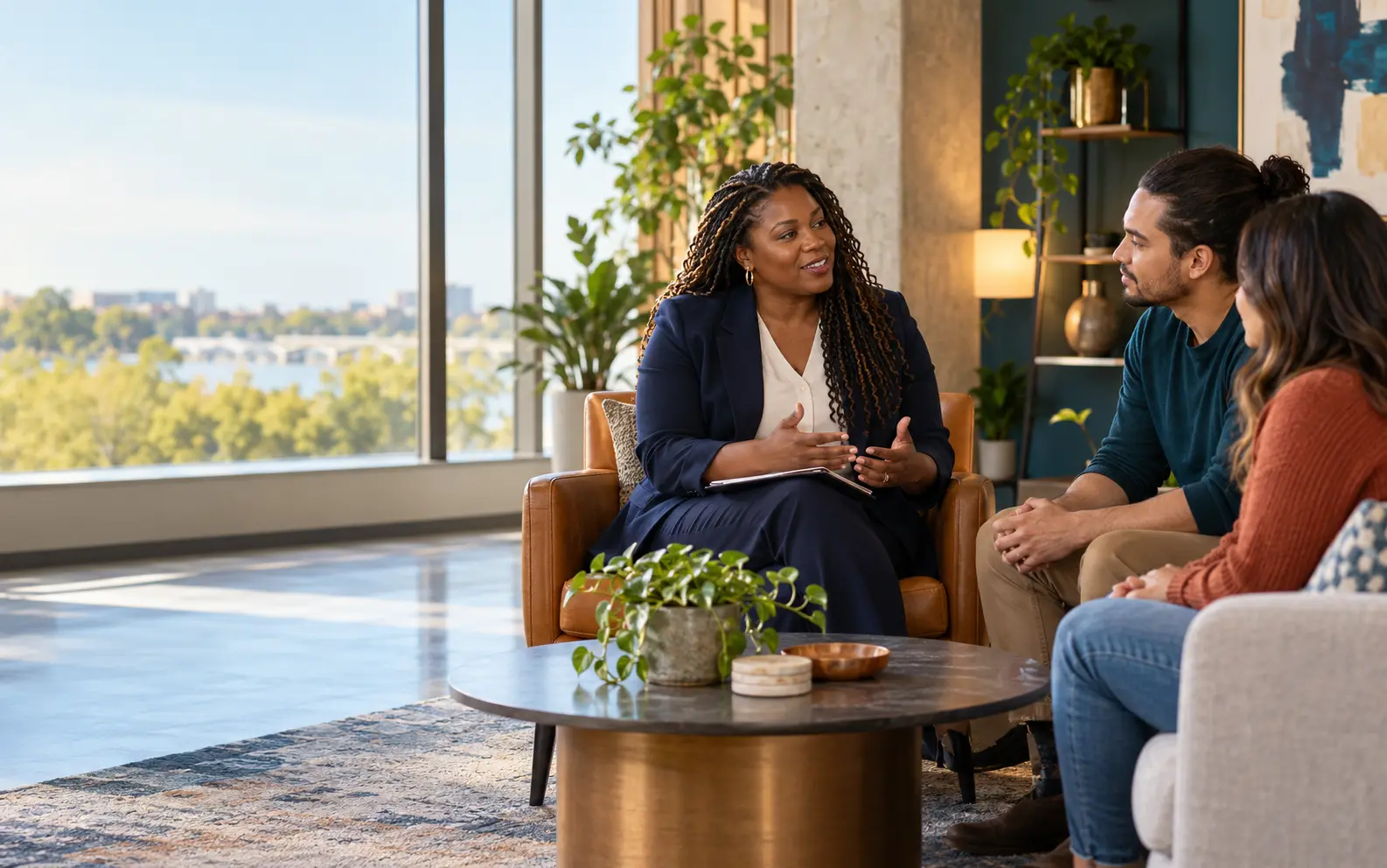 A professional facilitating a respectful support conversation with two adults